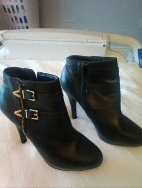 Me Too Black Women's Ankle Booties with Gold Buckle Detail
